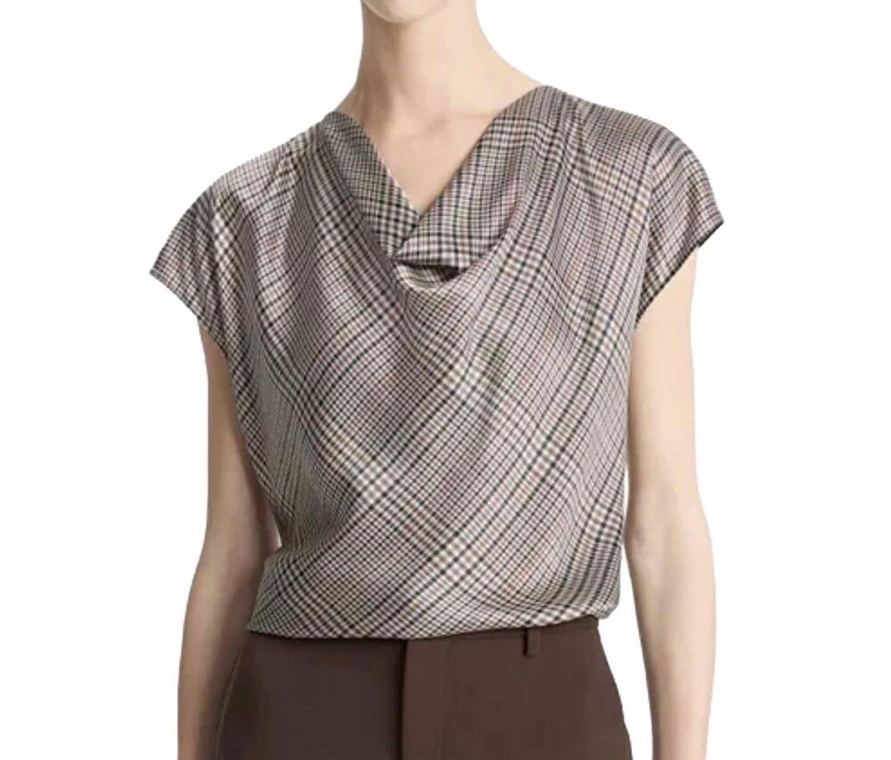 NEW VINCE pressed plaid cowlneck silk top